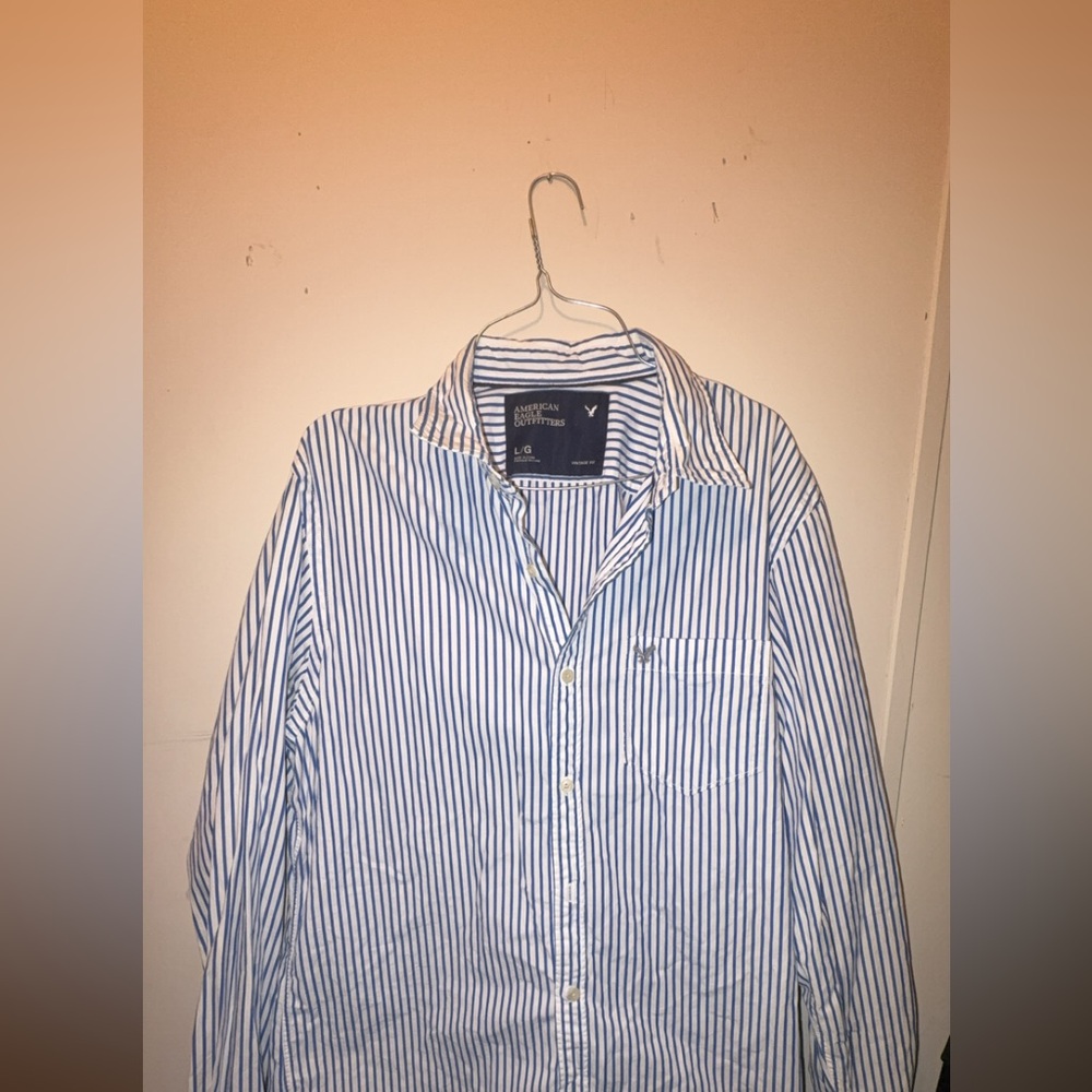American Eagle Outfitters Men's Blue and White Striped Shirt
